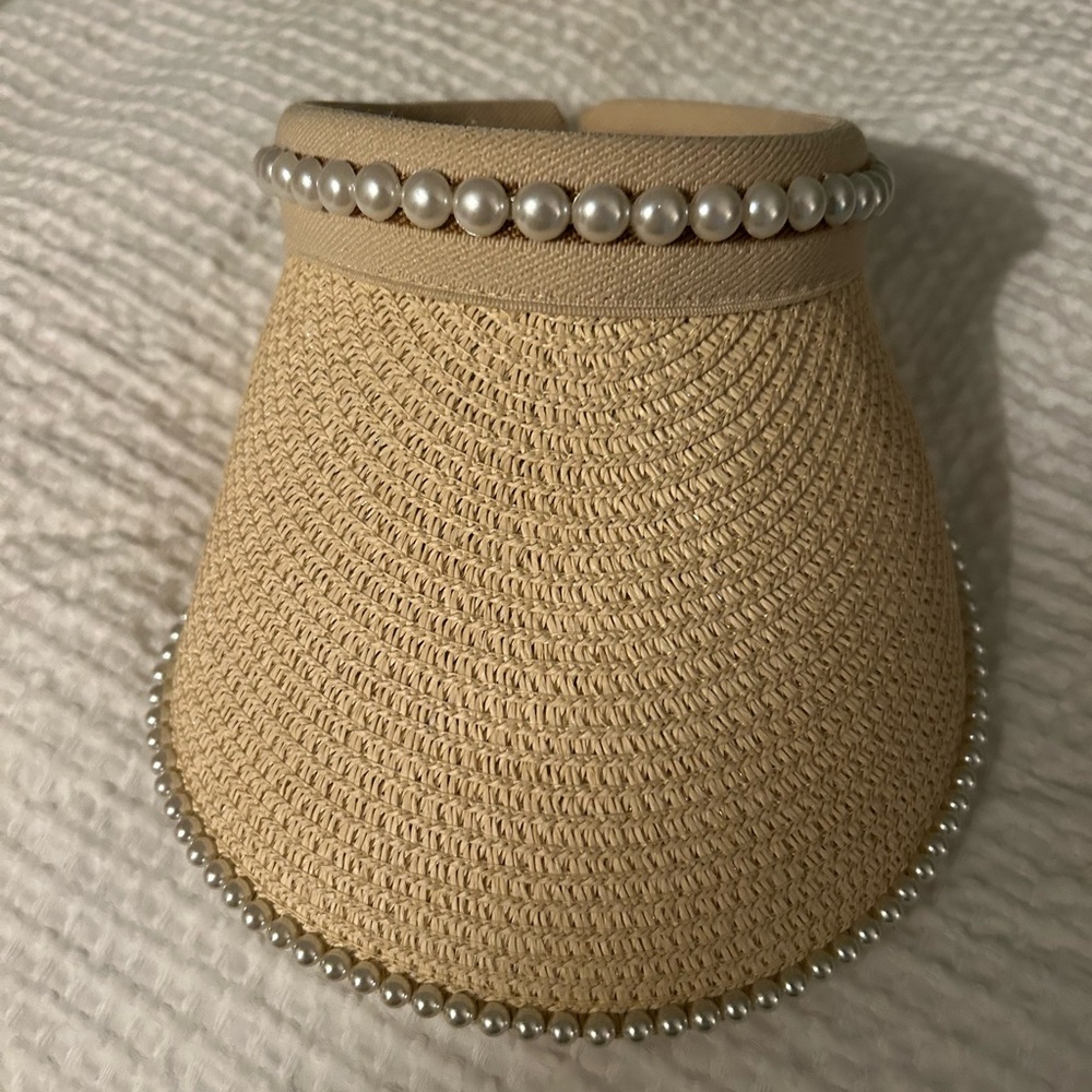 Chic Beige Sun Visor with Pearl Detailing